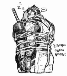 ... 2boys ass back bara bodysuit closed_eyes closed_mouth deadpool deadpool_&amp;_wolverine deadpool_(series) dishing facial_hair gloves greyscale implied_erection katana male_focus marvel marvel_cinematic_universe mature_male monochrome multiple_boys muscular muscular_male rope short_hair simple_background sleeping spoken_ellipsis superhero_costume sword sword_on_back translation_request two-tone_bodysuit weapon weapon_on_back white_background wolverine_(x-men) x-men yaoi zzz