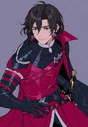 Rule 34 | 1boy, absurdres, arm belt, belt, belt buckle, black belt, black cape, black gloves, black hair, brown eyes, buckle, cape, closed mouth, constantine xi (fate), dnstar 1019, earrings, elbow gloves, fate/grand order, fate (series), gloves, hair between eyes, highres, holding, holding sword, holding weapon, jewelry, korean commentary, looking ahead, male focus, parted bangs, purple background, red belt, red cape, red tunic, short hair, shoulder strap, side cape, simple background, smile, solo, sword, tunic, two-sided cape, two-sided fabric, weapon