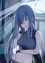 1girl absurdres blue_archive blue_eyes blue_gloves blue_hair blue_sports_bra gloves hair_over_one_eye hand_on_own_face highres long_hair looking_down parted_lips saori_(blue_archive) scar scar_on_arm scar_on_face sidelocks solo sports_bra ula_ula00 upper_body