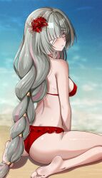 1girl alternate_hairstyle ass bandage_over_one_eye bare_shoulders barefoot bikini blurry blurry_background blush commentary elazu english_commentary feet flower grey_eyes grey_hair hair_flower hair_ornament highres long_hair looking_at_viewer looking_back low-braided_long_hair low-tied_long_hair median_furrow ocean parted_lips phrolova_(wuthering_waves) red_bikini shore sitting soles solo spider_lily swimsuit thighs toes wariza wuthering_waves