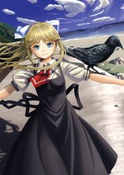 1girl absurdres air_(visual_novel) animal_on_arm beach bird bird_on_arm black_bird black_dress blonde_hair blue_eyes blue_sky closed_mouth collared_shirt commentary_request cross crow day dress eyebrows_hidden_by_hair eyelashes feet_out_of_frame floating_hair hair_ribbon highres kamio_misuzu long_hair looking_at_viewer molqs78gzd27169 ocean outdoors outstretched_arms pinafore_dress ponytail puffy_short_sleeves puffy_sleeves ribbon school_uniform shadow shirt short_sleeves sidelocks sky sleeveless sleeveless_dress smile solo sora_(air) standing white_ribbon white_shirt wind