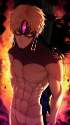 Rule 34 | 1boy, abs, absurdres, closed mouth, dandadan, earrings, enjoji jin, evil eye (dandadan), highres, jewelry, looking at viewer, male focus, male underwear, muscular, muscular male, pectorals, possessed, short hair, solo, tettora, third eye, topless male, transformation, underwear, upper body, white male underwear, yellow eyes
