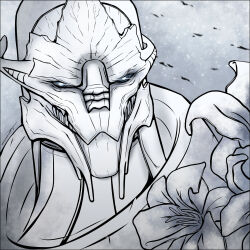 1boy alien artstation flower greyscale highres lrtrevelyan mass_effect_(series) monochrome saren_arterius solo solo_focus turian white_background