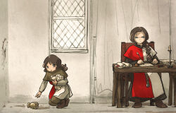 2girls angry belt braid brown_belt brown_eyes brown_footwear brown_hair candlestand commentary dress english_commentary glaring highres ironlily kneeling lady_merle_(ironlily) long_braid looking_at_viewer multiple_girls ordo_mediare_sisters_(ironlily) paper_stack parchment red_dress single_braid spill table wax_seal white_dress window wooden_chair wooden_table writing
