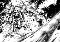 Rule 34 | arm shield, gouf, greyscale, gundam, hashtag-only commentary, holding, holding weapon, horns, looking at viewer, mecha, mecha focus, mobile suit, mobile suit gundam, monochrome, motion blur, motion lines, nakanishi kent, no humans, one-eyed, outstretched arm, robot, science fiction, shoulder spikes, single horn, smoke, speed lines, spikes, standing, weapon, whip