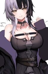 Rule 34 | 1girl, black coat, black dress, black hair, breasts, cleavage, coat, dress, grey hair, highres, hololive, hololive english, kushinaka, large breasts, multicolored hair, shiori novella, shiori novella (1st costume), simple background, solo, split-color hair, virtual youtuber, white background, yellow eyes
