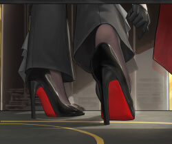 1girl absurdres black_gloves black_pants black_pantyhose black_shoes feet feet_only footwear_focus gloves high_heels highres indoors paid_reward_available pants pantyhose removing_shoes sa-baaa shadow shoes soles solo standing standing_on_one_leg stiletto_heels wuthering_waves zani_(wuthering_waves)