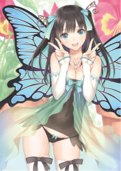 Rule 34 | 1girl, :d, bare shoulders, black hair, black panties, blue eyes, blush, bow, bow panties, breasts, butterfly wings, cleavage, commentary request, covered navel, cowboy shot, detached sleeves, double v, figure available, flower, groin, hair ornament, insect wings, jewelry, long hair, looking at viewer, lowleg, lowleg panties, medium breasts, merchandise available, navel, necklace, open mouth, original, panties, peace keeper daisy, skindentation, smile, solo, thighhighs, tony taka, two side up, underwear, v, white thighhighs, wings