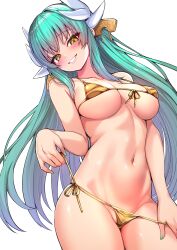 1girl absurdres aqua_hair bikini blush breasts cleavage dragon_girl dragon_horns fate/grand_order fate_(series) gold_bikini green_hair highres horns kiyohime_(fate) long_hair looking_at_viewer medium_breasts multiple_horns shiny_swimsuit simple_background smile solo stomach string_pull swimsuit wisespeak yellow_eyes
