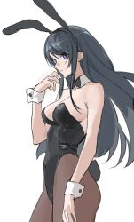 1girl animal_ear_hairband animal_ears black_bow black_bowtie black_hair black_leotard black_pantyhose blue_eyes bow bowtie breasts cleavage cowboy_shot detached_collar fake_animal_ears hairband leotard medium_breasts pantyhose playboy_bunny rabbit_ears rabbit_tail sakurajima_mai seishun_buta_yarou serpent_(pepepp39) simple_background solo strapless strapless_leotard tail white_background wrist_cuffs