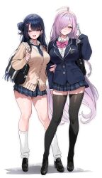 2girls absurdres ahoge black_hair black_necktie black_shoes black_thighhighs borrowed_character braid breasts closed_mouth collared_shirt freng full_body green_eyes hair_bun hair_over_one_eye highres kneehighs loafers long_hair long_sleeves looking_at_viewer multiple_girls necktie open_mouth original pink_hair school_uniform shirt shoes simple_background single_hair_bun skirt smile socks standing thighhighs very_long_hair white_background white_socks zettai_ryouiki