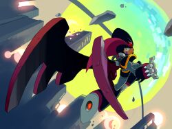 Rule 34 | 1boy, android, armor, bass (mega man), black armor, black helmet, black wings, closed mouth, coramune, debris, explosion, facial mark, flying, forehead jewel, full body, full moon, helmet, jewelry, looking at viewer, mechanical wings, mega man (classic), mega man (series), mega man 7, moon, powering up, red eyes, robot, robot ears, shoulder armor, solo, super bass (mega man), wings