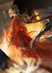 1girl absurdres bead_necklace beads black_hair black_sky blood blood_on_face character_request chinese_clothes chinese_commentary commentary_request crown determined earrings embers eyelashes eyeshadow fire floating_clothes floating_hair forehead_jewel full_body gold_crown hair_ribbon hanfu highres holding holding_sword holding_weapon jewelry jian_(weapon) lipstick long_hair long_sleeves looking_at_viewer looking_back low_ponytail makeup necklace night nikki_(series) outdoors ponytail red_eyeshadow red_hanfu red_lips red_ribbon ribbon ruins shining_nikki situ_ming_ling_hua_yi sky sleeves_past_fingers sleeves_past_wrists solo standing sword train_(clothing) very_long_hair weapon wide_sleeves yellow_eyes
