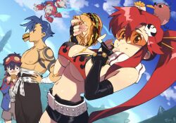 1girl 2boys bikini bikini_top_only blue_hair boota_(ttgl) breasts fingerless_gloves gloves hair_ornament highres kamina_(ttgl) kamina_shades lagann large_breasts long_hair multiple_boys navel optionaltypo ponytail red_hair simon_(ttgl) skull_hair_ornament swimsuit tattoo tengen_toppa_gurren_lagann topless_male yellow_eyes yoko_littner