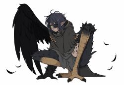 1girl absurdres bird_legs black_hair blurry blurry_foreground claws cloak closed_mouth commentary commission english_commentary eyepatch feathers full_body grey_cloak half-harpy highres hood hooded_cloak looking_at_viewer medium_hair monster_girl original pointy_ears senketsu05 simple_background single_wing solo talons white_background wings yellow_eyes