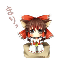 1girl :&lt; animal_ears bad_id bad_pixiv_id blush bow box brown_hair cardboard_box cat_ears cat_girl chibi detached_sleeves female_focus hair_bow hair_tubes hakurei_reimu in_box in_container japanese_clothes kemonomimi_mode large_bow miko pasutel pout sleeves_past_wrists solo touhou