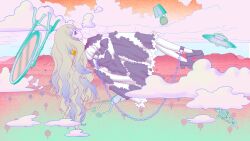 1girl absurdres animal_ears animal_print bad_id bad_twitter_id black_shoes blonde_hair blue_eyes blue_hair blue_sky chain cloud cloudy_sky colorful cow_ears cow_print cuffs dress ear_tag expressionless floating floating_object frog from_side gradient_hair hand_on_own_chest highres lamp loafers long_hair looking_up lying midair mirror mountainous_horizon multicolored_hair multicolored_sky nutcracker on_back orange_sky original pantyhose print_dress profile shackles shoes sky solo tree two-tone_dress ufo wavy_hair white_pantyhose yu_(stdio_nameraka)