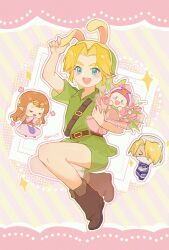 1boy 3girls animal_ears animal_hood blonde_hair blue_eyes boots bouquet brown_footwear bunny_hood_(zelda) chibi chinese_commentary closed_eyes commentary_request flower green_headwear green_shorts green_tunic hat highres holding holding_bouquet hood link mask mouth_mask multiple_girls multiple_persona nintendo orange_hair pointy_ears princess_zelda rabbit_ears rabbit_hood sheik shorts signature sparkle striped_background the_legend_of_zelda the_legend_of_zelda:_ocarina_of_time tulip tunic turban young_link young_zelda yun_(dl2n5c7kbh8ihcx)
