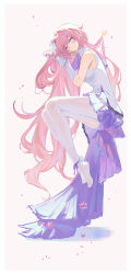 1girl absurdly_long_hair absurdres alternate_costume bare_shoulders breasts closed_mouth commentary_request elysia_(honkai_impact) from_side gloves highres honkai_(series) honkai_impact_3rd invisible_chair long_hair looking_at_viewer medium_breasts no_shoes pantyhose pink_hair pmg purple_eyes purple_skirt shirt sitting skirt smile solo toes very_long_hair white_gloves white_pantyhose white_shirt