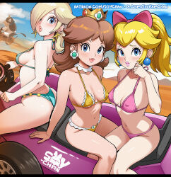 3girls aqua_bikini bikini blonde_hair blue_eyes blue_sky bow breasts brown_hair closed_mouth commentary covered_erect_nipples cow crown desert earrings english_commentary hair_bow hair_over_one_eye jewelry lips long_hair looking_at_viewer mario_(series) mario_kart mario_kart_world medium_breasts mini_crown moo_moo_(mario) multiple_girls navel nintendo pink_bikini pink_bow ponytail princess_daisy princess_peach riding rosalina sideboob sitting sky soyiamchan sphere_earrings swimsuit yellow_bikini