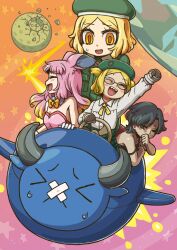 &gt;_&lt; 4girls :d animal-themed_vehicle animal_ears aqua_hair arm_up assassin_(learning_with_manga!_fgo) babe_(fate) babydoll bare_shoulders beret blonde_hair blue_eyes blush bob_cut bow bowtie breasts buttons clenched_hand closed_eyes coat collar collared_shirt covering_own_mouth crater detached_collar driving dual_persona earth_(planet) fate/grand_order fate_(series) floating_hair game_cg gloves gradient_hair green_coat green_hat green_skirt grey_mittens hand_over_own_mouth hat leotard long_sleeves looking_down mittens moon multicolored_hair multiple_girls neck_ribbon official_art one_eye_closed open_mouth orange_bow orange_bowtie orange_eyes parted_bangs paul_bunyan_(fate) pink_background pink_leotard plaid_clothes plaid_skirt planet playboy_bunny pleated_skirt rabbit_ears rabbit_girl ribbon rider_(learning_with_manga!_fgo) riding riyo_(lyomsnpmp) shirt short_hair sidelocks size_difference skirt small_breasts small_sweatdrop smile spacecraft star_(symbol) steering_wheel strap_slip strapless strapless_leotard super_bunyan_(fate) super_bunyan_(third_ascension)_(fate) third-party_source traditional_bowtie two_side_up white_collar white_gloves white_shirt wing_collar yellow_ribbon