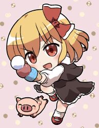 1girl :d black_skirt black_vest blonde_hair blush commentary_request food food-themed_background frilled_skirt frills full_body hair_ribbon highres holding holding_food holding_ice_cream ice_cream long_sleeves open_mouth outline pig puffy_long_sleeves puffy_sleeves red_eyes red_footwear red_ribbon ribbon rokugou_daisuke rumia shirt short_hair signature skirt skirt_set smile socks solo touhou triple_scoop v-shaped_eyebrows vest white_outline white_shirt white_socks