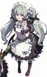 1girl animal_bag apron bear_bag belt black_boots black_dress boots chain circular_saw commentary_request corin_wickes cuffs dress flying_sweatdrops full_body green_hair hair_between_eyes highres holding holding_weapon knee_boots long_hair looking_at_viewer maid maid_apron maid_headdress open_mouth puffy_short_sleeves puffy_sleeves purple_eyes reinoni saw screw_hair_ornament short_sleeves signature simple_background smile solo twintails weapon white_apron white_background zenless_zone_zero