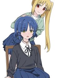 2girls black_jacket blonde_hair blue_hair bocchi_the_rock! chair disembodied_head dullahan green_jacket hair_ornament hairclip hands_on_another&#039;s_cheeks hands_on_another&#039;s_face highres ijichi_nijika jacket jbxpism misplaced_genitals multiple_girls on_chair penis penis_neck ponytail pussy shirt side_ponytail simple_background sitting solo textless_version uncensored what white_background white_shirt yamada_ryo yellow_eyes