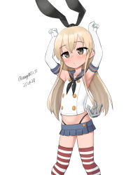 1girl absurdres anchor_hair_ornament black_hairband black_neckerchief black_panties blonde_hair blue_sailor_collar blue_skirt crop_top dated elbow_gloves feet_out_of_frame gloves grey_eyes hair_ornament hairband highleg highleg_panties highres kantai_collection long_hair maru_(marg0613) microskirt miniskirt neckerchief one-hour_drawing_challenge panties pleated_skirt rabbit_pose sailor_collar shimakaze_(kancolle) shirt simple_background skirt sleeveless sleeveless_shirt solo striped_clothes striped_thighhighs thighhighs twitter_username underwear white_background white_gloves