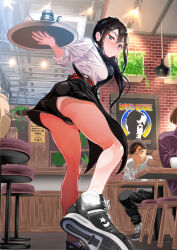 1girl 2boys apron ass blue_eyes brick_wall cafe converse david_bowie indoors multiple_boys original panties plant poster_(object) potted_plant shirt shoes sitting sneakers socks stool tanaka_mamoru_(arxelhea0110) tray underwear upskirt waitress white_panties white_shirt white_socks