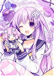 Rule 34 | 1girl, ;d, anzu (anzuhan), border, character doll, d-pad, d-pad hair ornament, doll, flower, food, hair ornament, heart, holding, holding doll, jewelry, knees up, long hair, long sleeves, looking at viewer, macaron, neck ring, neckerchief, nepgear, neptune (neptunia), neptune (series), one eye closed, open mouth, pink thighhighs, purple eyes, purple flower, purple hair, purple rose, purple sailor collar, rose, sailor collar, school uniform, serafuku, shirt, sidelocks, sitting, smile, solo, star (symbol), striped clothes, striped thighhighs, stuffed toy, thighhighs, very long hair, white border, white shirt, yellow neckerchief