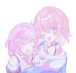 2girls ;d bare_shoulders black_choker blue_eyes bra_strap choker colored_eyelashes cyrene_(honkai:_star_rail) highres honkai:_star_rail honkai_(series) jewelry looking_at_viewer march_7th_(honkai:_star_rail) march_7th_(preservation)_(honkai:_star_rail) multiple_girls necklace one_eye_closed open_mouth pink_hair sakura_(yu3t_t) shirt short_hair simple_background smile upper_body white_background white_shirt