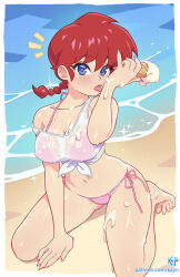 1girl artist_name beach bikini bikini_under_clothes blue_eyes blush braid braided_ponytail breasts cleavage collarbone commentary english_commentary fingernails food gluteal_fold hand_on_ground hand_up highres ice_cream kajin_(kajinman) kneeling large_breasts licking looking_at_viewer melting messy multiple_moles notice_lines patreon_username pink_bikini ranma-chan ranma_1/2 red_hair see-through_clothes see-through_shirt shiny_skin shirt short_hair side-tie_bikini_bottom single_braid skindentation solo sparkle sparkling_aura strap_slip summer swimsuit t-shirt thighs tied_shirt tongue water white_shirt