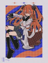 1girl a.i._voice adachi_rei alternate_costume alternate_hair_length alternate_hairstyle android barcode black_boots black_gloves black_shirt blue_background boots border bow coat fingerless_gloves full_body gloves grey_shorts grid_background hair_between_eyes hair_bow highres jacket joints knee_boots long_hair long_sleeves looking_at_viewer nasi_(na_si) open_clothes open_coat open_jacket orange_eyes orange_hair outline outside_border robot_joints shirt shorts solo two_side_up utau watermark white_border white_coat white_outline