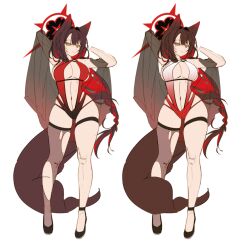 1girl alternate_costume animal_ears blue_archive breasts colored_inner_hair daehoak fox_ears fox_girl fox_tail full_body halo large_breasts long_hair multicolored_hair multiple_views navel one-piece_swimsuit red_halo red_one-piece_swimsuit simple_background swimsuit tail wakamo_(blue_archive) white_background yellow_eyes
