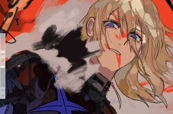 Rule 34 | 1boy, armor, art program in frame, black armor, blonde hair, blood, blood on face, blue eyes, breastplate, dimitri alexandre blaiddyd, dimitri alexandre blaiddyd (timeskip), fire emblem, fire emblem: three houses, floating hair, highres, looking down, male focus, nintendo, otorixxx, parted lips, red pupils, solo, teeth, unfinished, upper body