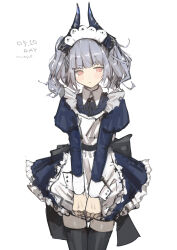 1girl absurdres alternate_costume apron arknights artist_name back_bow black_thighhighs blue_dress blunt_bangs bow brown_eyes closed_mouth commentary cowboy_shot dated dragon_horns dress enmaided frilled_apron frilled_dress frills grey_hair high_collar highres horns juliet_sleeves light_blush liskarm_(arknights) long_sleeves maid maid_apron maid_day maid_headdress neck_ribbon pppmepl puffy_sleeves ribbon short_dress short_twintails simple_background sketch skirt_hold sleeve_cuffs solo thighhighs twintails white_apron white_background white_sleeve_cuffs zettai_ryouiki