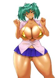 Rule 34 | absurdres, blouse, bra, breasts, breasts out, collarbone, earrings, green eyes, green hair, haiboku, highres, ikkitousen, jewelry, large breasts, looking at viewer, ryofu housen, shiny skin, shirt, simple background, skirt, teeth, thick thighs, thighs, twintails, underwear, white background