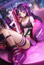 1girl absurdres bare_shoulders black_choker breasts building choker city cleavage clothing_cutout collarbone commission covered_navel enpera_(jdud8375) fingerless_gloves fishnet_socks fishnets gloves gun headphones highres holding holding_gun holding_weapon indoors jacket leotard long_hair medium_breasts open_mouth original piercing pink_eyes pixiv_commission purple_hair shoes sitting skin_tight skyscraper sneakers socks solo thigh_strap tongue tongue_out tongue_piercing twintails very_long_hair weapon