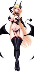 1girl absurdres azur_lane bat_wings black_bridal_gauntlets black_footwear black_thighhighs blonde_hair blush breasts bridal_gauntlets demon_girl garter_straps highres horns large_breasts long_hair looking_at_viewer musanix pubic_tattoo red_eyes revealing_clothes richelieu_(azur_lane) tattoo thighhighs wings
