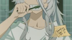 Rule 34 | 1girl, alternate costume, brushing teeth, henya the genius, highres, holding, holding toothbrush, kuroi enpitsu, long bangs, long hair, looking at mirror, mirror, shirt, sidelocks, solo, toothbrush, toothpaste, very long hair, virtual youtuber, vshojo, white shirt
