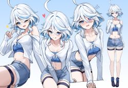 1girl alternate_costume black_shoes blue_background blue_eyes blue_hair blue_shirt blush breasts colored_inner_hair cowlick cropped_shirt drop-shaped_pupils flying_sweatdrops furina_(genshin_impact) genshin_impact gradient_background grey_shorts heart heterochromia highres looking_at_viewer lunacle medium_breasts multicolored_hair multiple_views navel one_eye_closed open_mouth shirt shoes short_hair shorts shrug_(clothing) simple_background single_off_shoulder stomach symbol-shaped_pupils thigh_strap tongue tongue_out v wavy_hair white_hair white_shrug