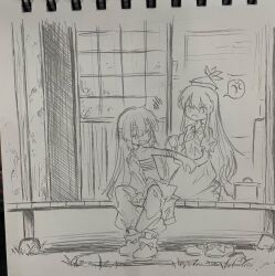 2girls anger_vein angry bandaged_arm bandaged_chest bandaged_head bandages boots commentary_request dress fujiwara_no_mokou greyscale hat kamishirasawa_keine long_hair long_sleeves monochrome multiple_girls open_clothes open_mouth open_shirt pants partially_undressed photo_(medium) shoes short_sleeves sitting spoken_anger_vein squiggle suteruko touhou traditional_media unworn_shoes very_long_hair