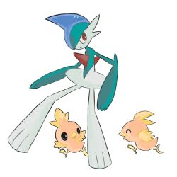 arm_blade black_eyes colored_skin gallade gen_3_pokemon gen_4_pokemon green_hair green_skin hair_over_one_eye multicolored_skin nintendo pokemon pokemon_(creature) red_eyes simple_background sorashiramu torchic two-tone_skin weapon white_background white_skin
