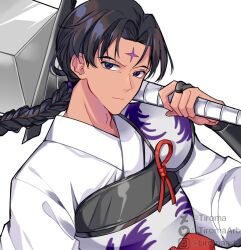 Rule 34 | 1boy, armor, bankotsu (inuyasha), black hair, braid, closed mouth, cross, cross facial mark, facial mark, forehead mark, hair tie, highres, huge weapon, instagram username, inuyasha, japanese armor, japanese clothes, looking at viewer, male focus, multicolored eyes, over shoulder, parted bangs, pauldrons, shoulder armor, single braid, single pauldron, solo, tiroma, twitter username, weapon, weapon over shoulder, white background