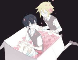 2boys :d alternate_sleeve_length antenna_hair basil_(faraway)_(omori) basil_(omori) black_background black_eyes black_hair blonde_hair blue_eyes box chinese_commentary closed_mouth collared_shirt commentary_request double-parted_bangs eyepatch falling_petals from_above full_body grey_sweater_vest hair_between_eyes hands_on_own_knees highres in_box in_container knees_up long_sleeves looking_at_another looking_back male_focus moonskysoon multiple_boys omori one_eye_covered open_mouth pale_skin petals pink_petals raised_inner_eyebrows shirt short_hair short_sleeves shorts simple_background sitting smile spoilers sunny_(omori) sweatdrop sweater_vest teeth upper_teeth_only white_shirt white_shorts