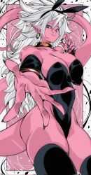 Rule 34 | 1girl, android 21, animal ears, ass, black leotard, black thighhighs, blue eyes, bracelet, breasts, cleavage, collarbone, colored skin, curvy, detached sleeves, dragon ball, dragon ball fighterz, earrings, fake animal ears, hair ornament, highleg, highleg leotard, highres, jewelry, kinakomochi (user vedc2333), large breasts, leotard, long hair, looking at viewer, majin android 21, neck ring, pink skin, playboy bunny, pointy ears, rabbit ears, rabbit hair ornament, reaching, reaching towards viewer, skindentation, smile, solo, spiked hair, tail, thick thighs, thighhighs, thighs, very long hair, white hair, wide hips