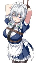 Rule 34 | 1girl, absurdres, apron, bdsm, black choker, black necktie, black pantyhose, blue skirt, blue vest, blush, bondage, bound, bound wrists, bow, braid, breasts, choker, collared shirt, commentary, frilled skirt, frills, green bow, grey hair, hair bow, highres, izayoi sakuya, long hair, looking at viewer, maid, maid headdress, necktie, open mouth, pantyhose, puffy short sleeves, puffy sleeves, purple eyes, rise (rise19851203), rope, shirt, short sleeves, simple background, skirt, solo, sweatdrop, touhou, twin braids, vest, waist apron, white apron, white background, white shirt