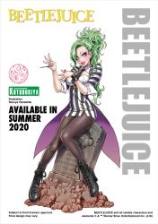 1girl ankle_boots artist_name beetlejuice beetlejuice_(character) black_boots black_necktie black_pantyhose boots bracelet coattails collared_shirt commentary_request copyright_name detached_collar english_text eyelashes female_focus fingernails formal_clothes full_body genderswap genderswap_(mtf) green_eyes green_hair half_updo high_heel_boots high_heels highres holding jewelry kotobukiya lace-up_boots legs long_hair long_sleeves makeup mascara miniskirt necktie open_mouth pantyhose pencil_skirt ring shirt side_slit sitting skirt skirt_suit smile solo striped_clothes striped_shirt striped_skirt suit tombstone underbust vertical-striped_clothes vertical-striped_skirt watch wavy_hair wristwatch yamashita_shun&#039;ya