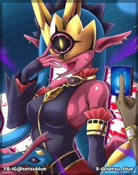 1boy 1girl artist_name bare_shoulders black_shirt blue_hair breasts card colored_skin covered_eyes digimon digimon_(creature) digimon_card_game digimon_liberator forked_tongue highres holding holding_card long_hair medium_breasts medusamon nail_polish out_of_frame owen_dreadnought pink_skin pointy_ears setsu_blue shirt sideboob snake_hair solo_focus tongue tongue_out twintails twitter_username upper_body very_long_hair